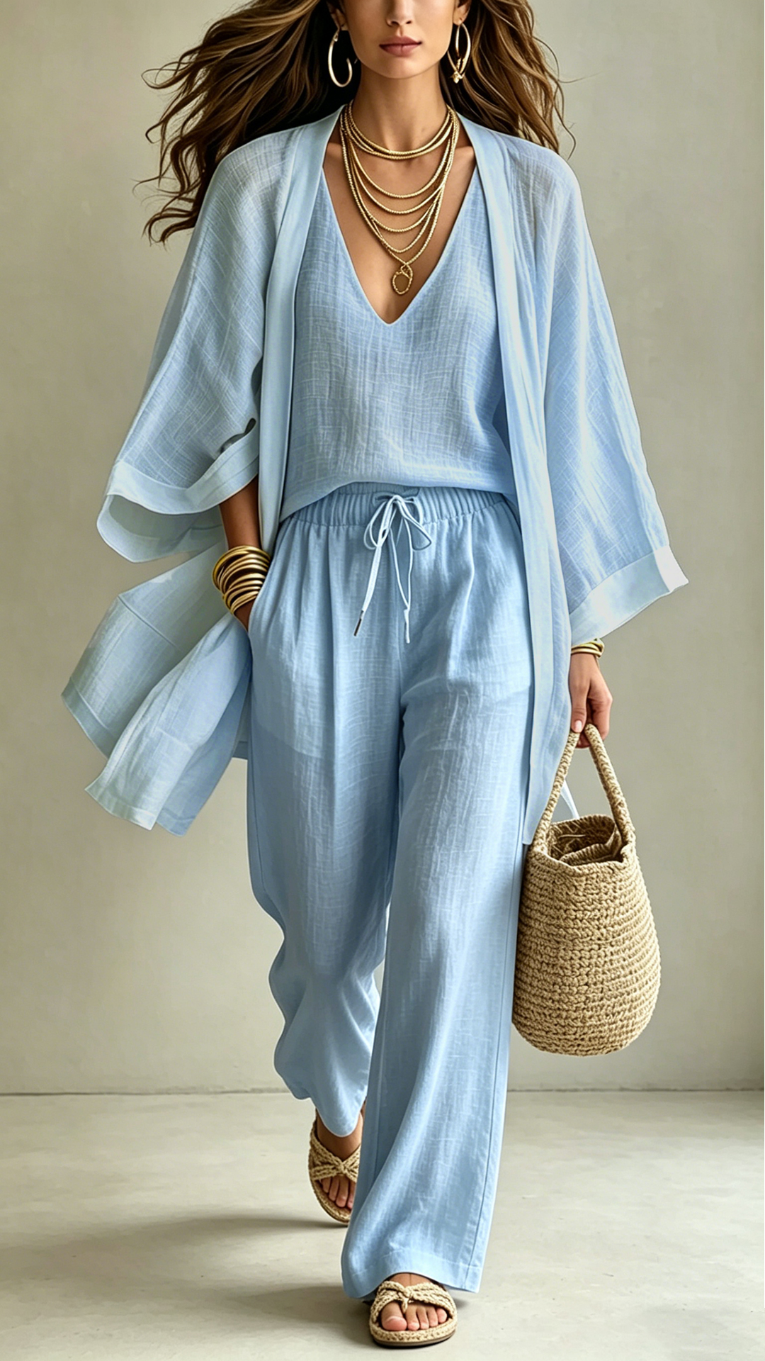 Women's  Linen-Blend Three-Piece Set(Kimono + Tank + Pants) - Nordfashionstorm - Women's Clothing, Fashion for You - Nordfashionstorm.com