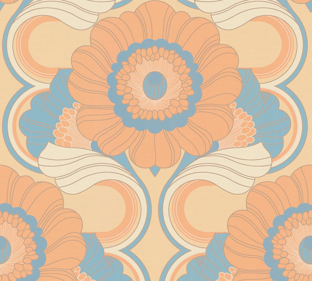 Bloemenvliesbehang in retrostijl – beige, turkoois, oranje #1