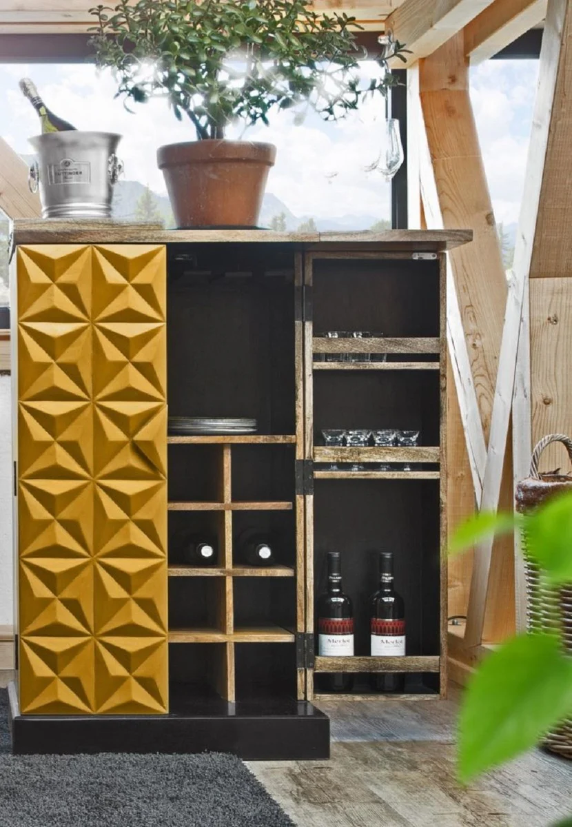 Designer bar cabinet with 2 doors natural color / gold / black 59-117 x 48 x H. 113 cm - solid wood wine cabinet - bar furniture