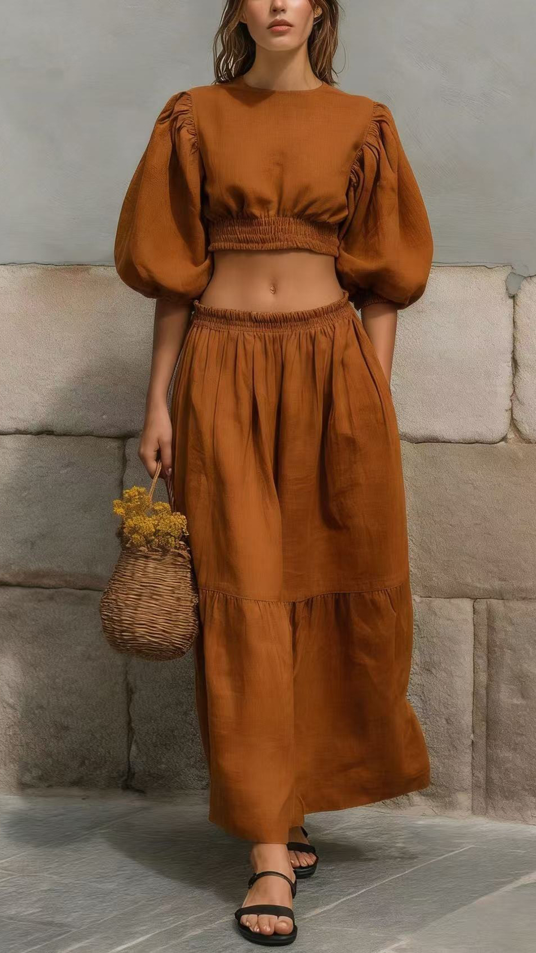 Women's Cotton-Blend Puff-Sleeve Crop Top & Skirt Set - Nordfashionstorm - Women's Clothing, Fashion for You - Nordfashionstorm.com