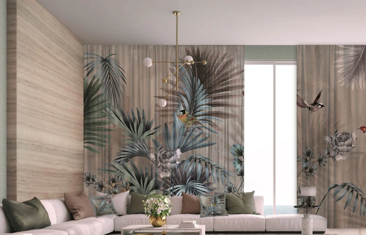Luxury Curtain Set Plants & Birds Multicolored 250 x H. 290 cm - Printed Linen & Velvet Curtains - Eyelet Curtains - Sliding Curtains - Luxury Collection