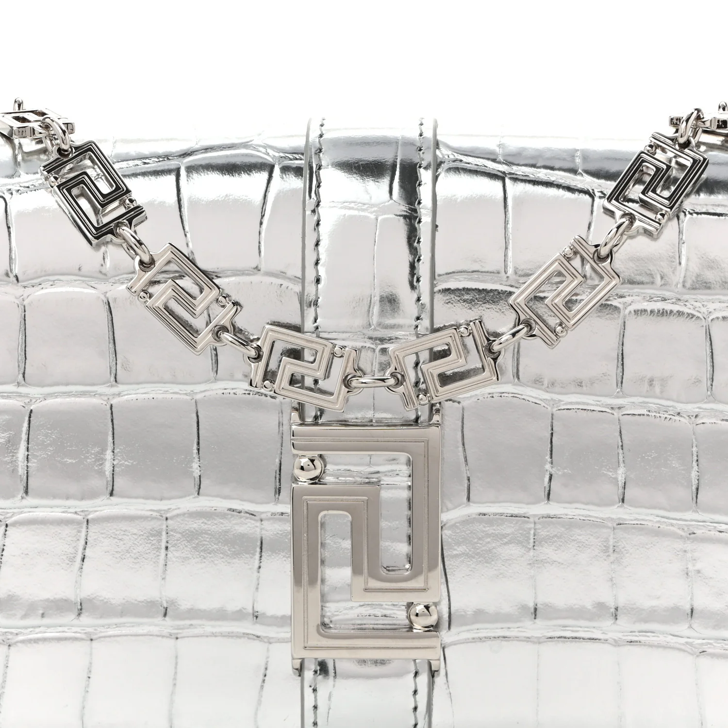 Metallic Crocodile Embossed Calfskin Greca Goddess Wallet On Chain Silver - Top Club