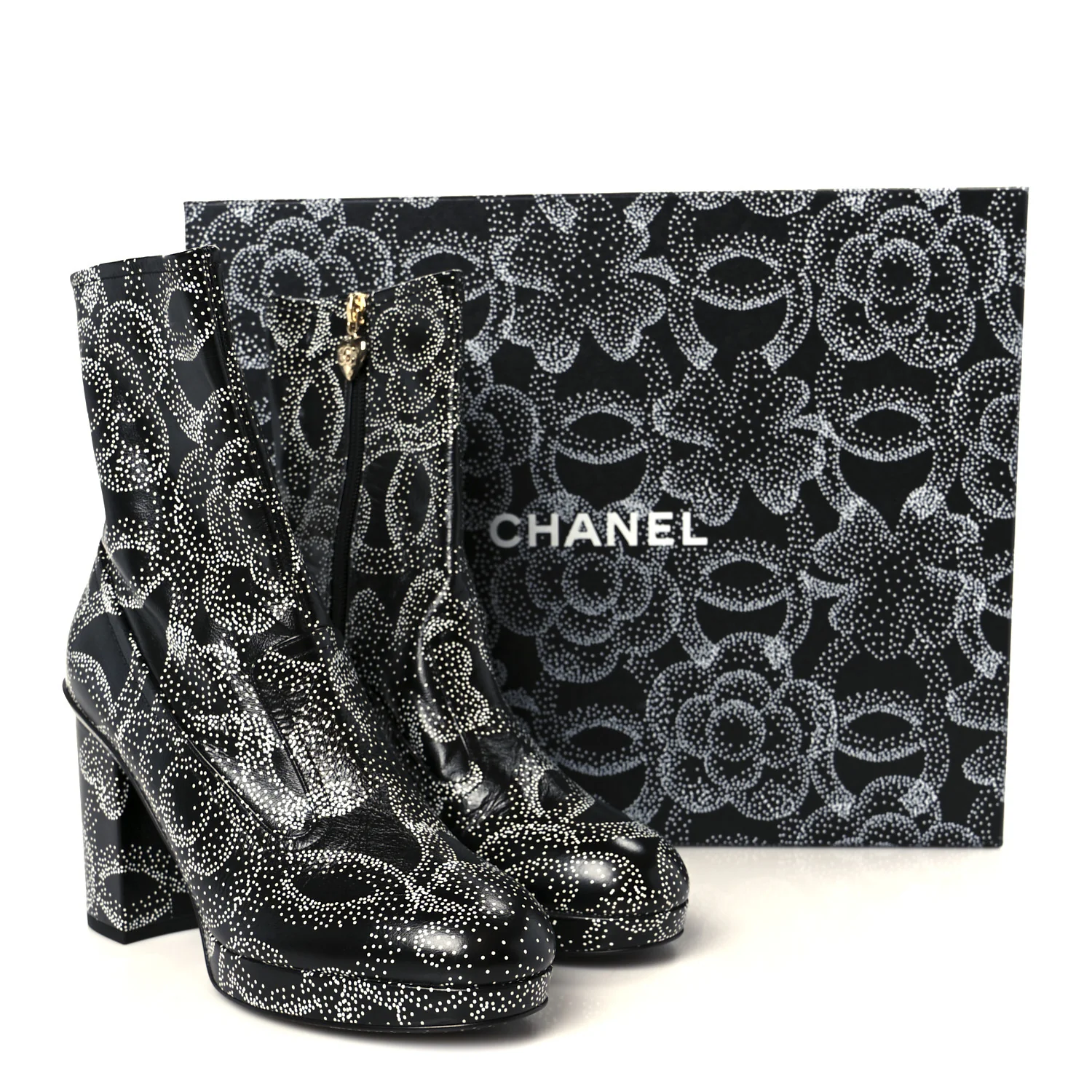 Calfskin Camellia Printed Ankle Boots 39 Black White - Top Club