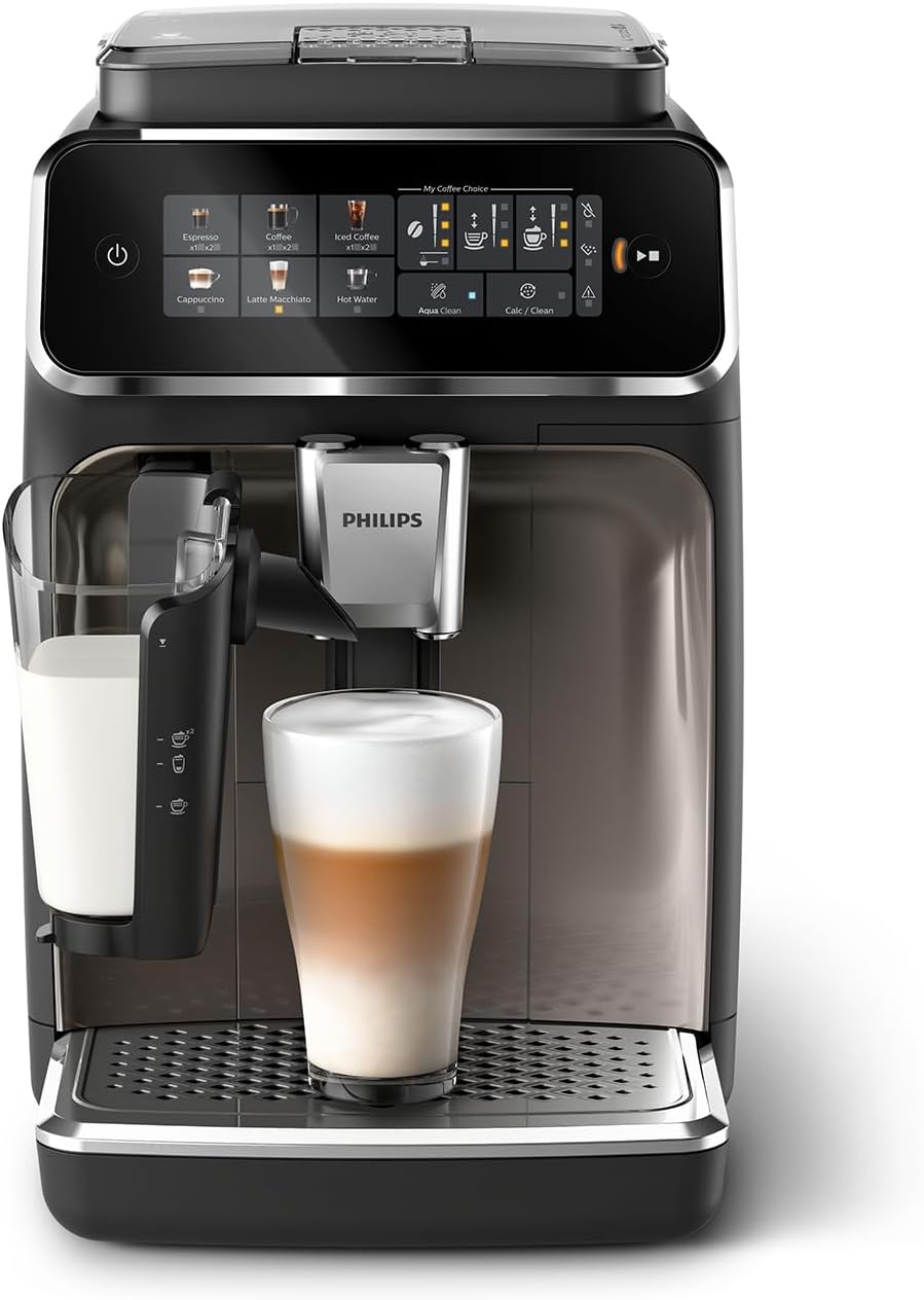 Serie 3300 Macchina da caffè automatica - 6 tipi di bevande, Display touch screen a colori, LatteGo, SilentBrew, Macinacaffè in ceramica al 100%, Filtro AquaClean. Cromato nero (EP3347/90)