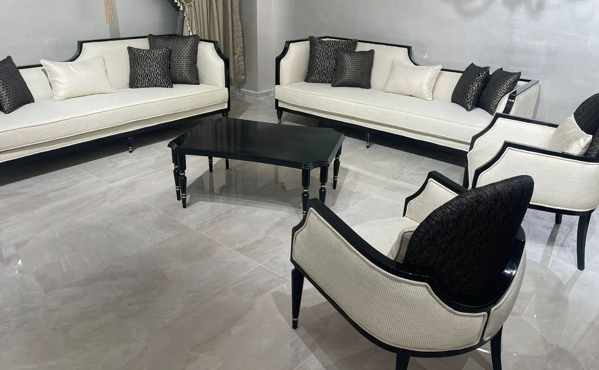 Luxury Art Deco Living Room Set Natural Colors / Black / Gold - 2 Art Deco Sofas & 2 Art Deco Armchairs & 1 Art Deco Coffee Table - Living Room Furniture - Art Deco Furniture - Luxury Furniture