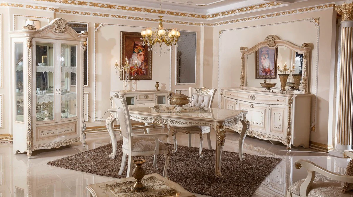 Luxury Baroque Dining Room Set Gray / White / Beige / Gold - 1 Baroque Dining Table & 6 Baroque Dining Chairs - Luxury Dining Room Furniture in Baroque Style - Magnificent Baroque Dining Room Furniture