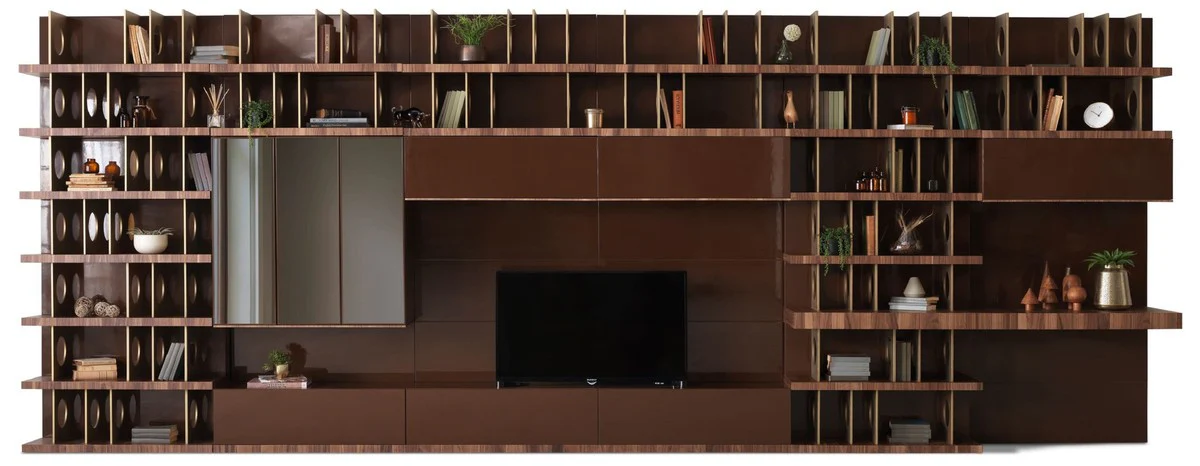 Luxury TV cabinet dark brown / brown / brass 576 x 60 x H. 224 cm - Huge solid wood living room cabinet - Living room furniture - Hotel furniture - Luxury furniture