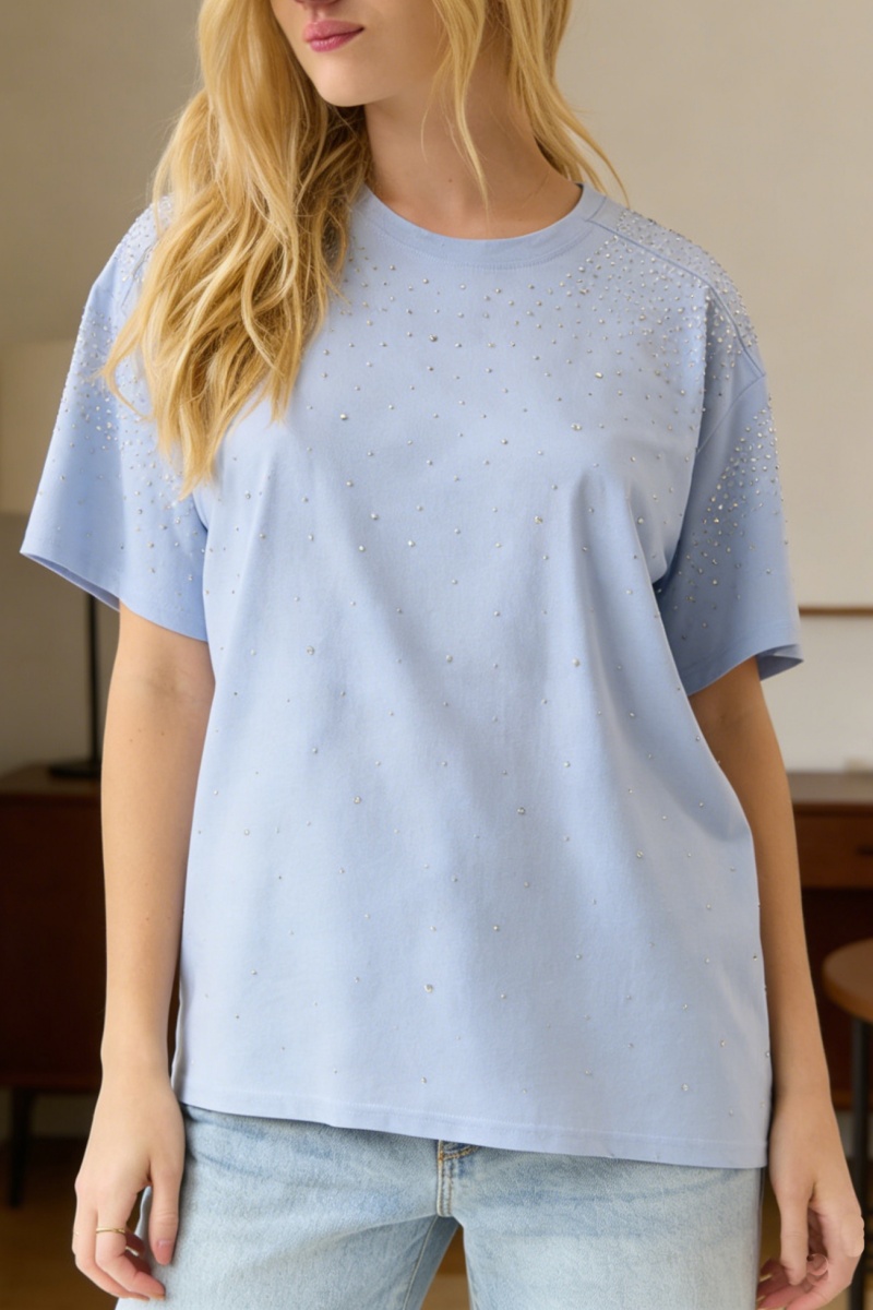 Loose-Fit T-Shirt with Shoulder Panel and Rhinestone Embellishment - Nordfashionstorm - Women's Clothing, Fashion for You - Nordfashionstorm.com