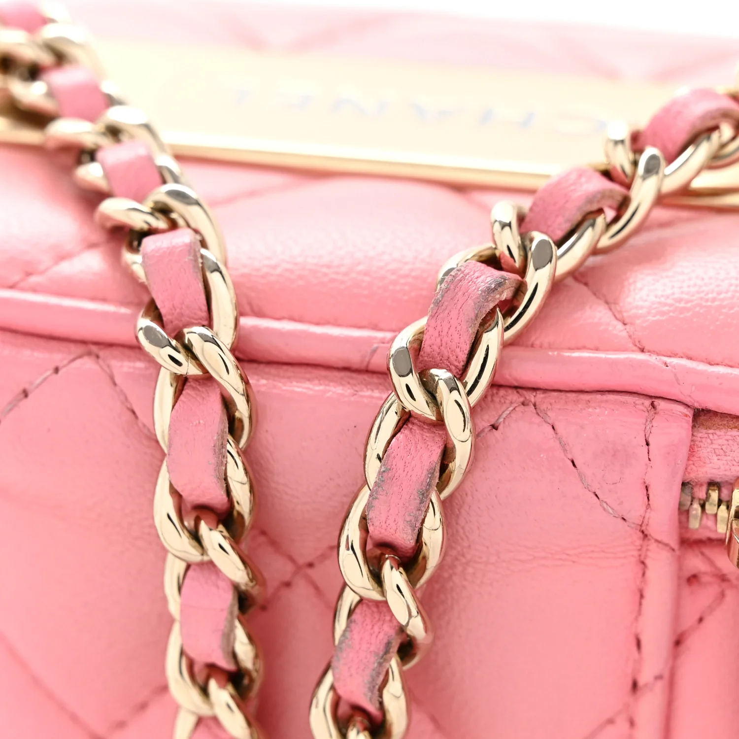 Lambskin Quilted Trendy Mini Vanity Case With Chain Pale Pink - Top Club