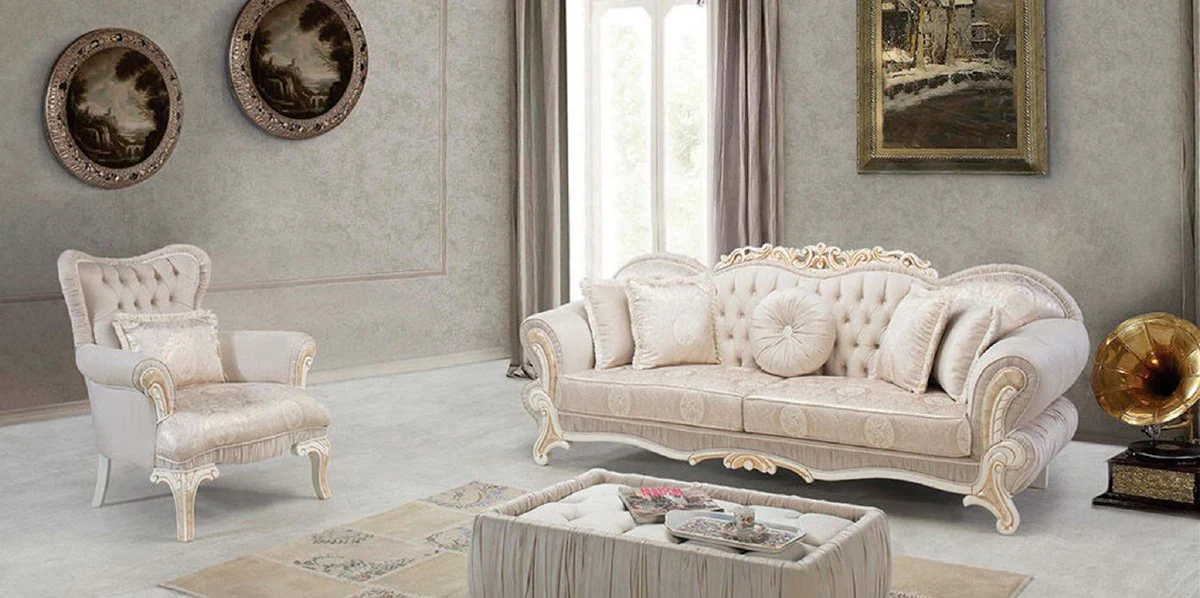 Luxury Baroque Living Room Set Pink / White / Beige - 2 Sofas with Pattern & 2 Armchairs with Pattern & 1 Coffee Table - Magnificent Baroque Living Room Furniture