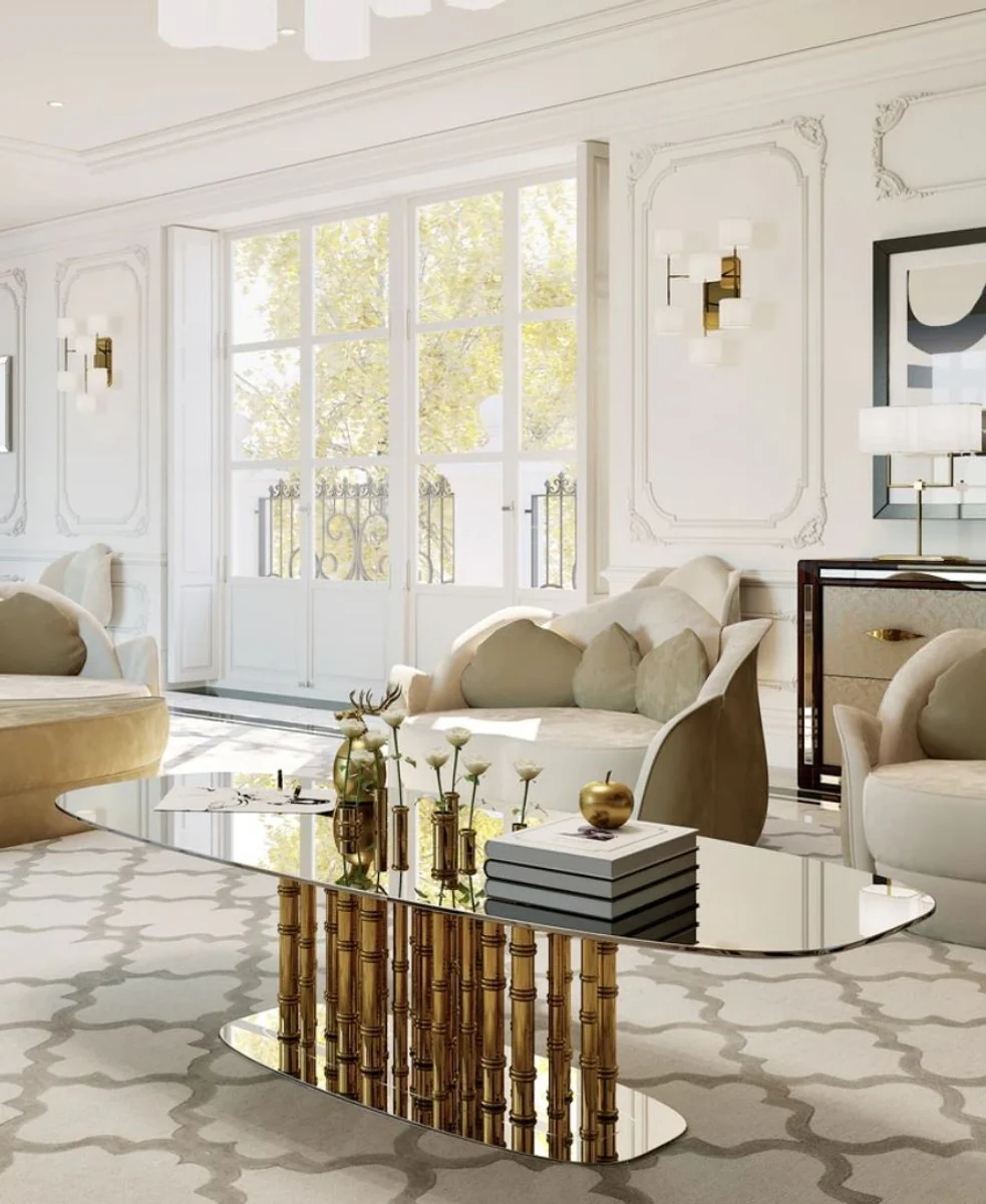 Luxury designer coffee table bamboo gold 180 x 80 x H. 57 cm - living room table with oval glass top - living room furniture - hotel furniture - luxury quality
