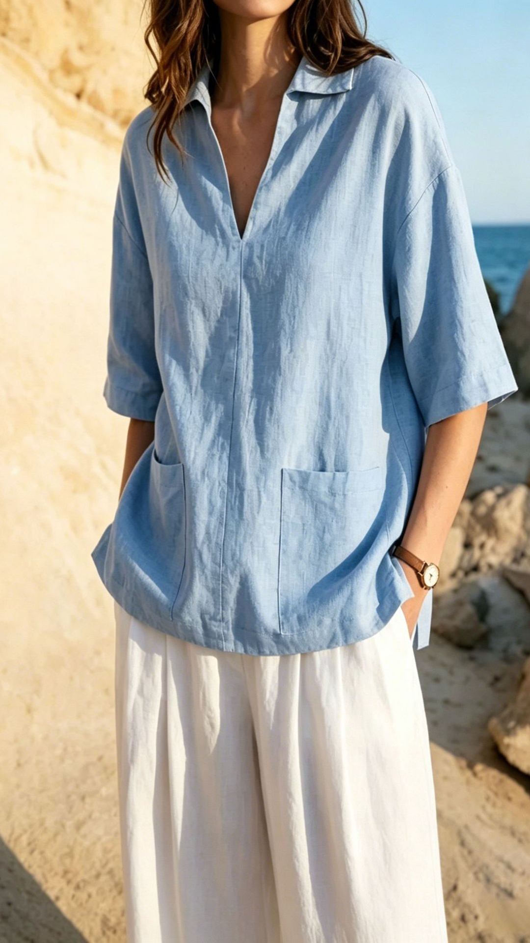 Women's Khaki Collared Mid-sleeve Cotton-blend Blouse - Nordfashionstorm - Women's Clothing, Fashion for You - Nordfashionstorm.com