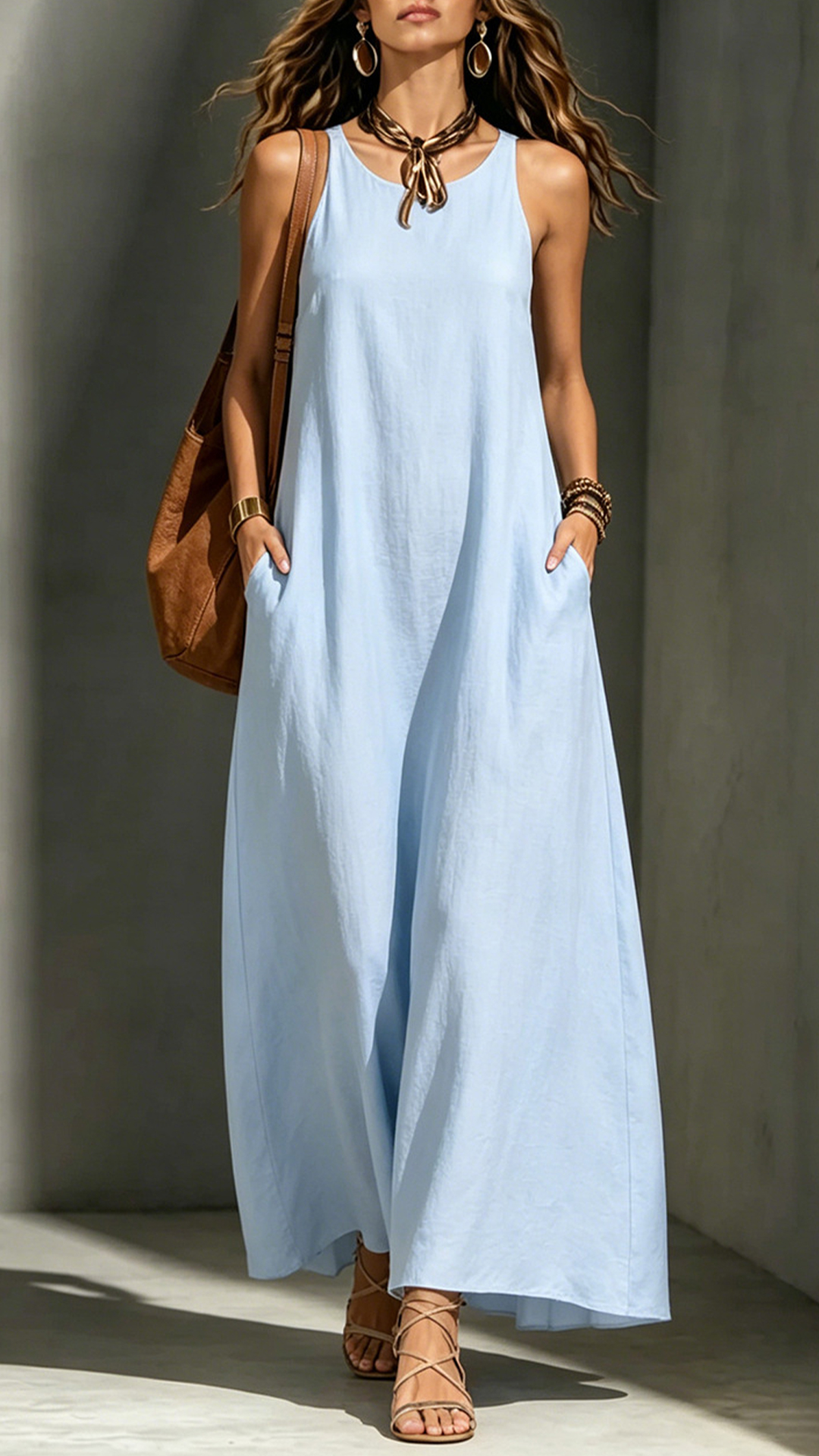Women's Cotton‑blend Round‑neck Sleeveless Loose Draping Maxi Dress - Nordfashionstorm - Women's Clothing, Fashion for You - Nordfashionstorm.com