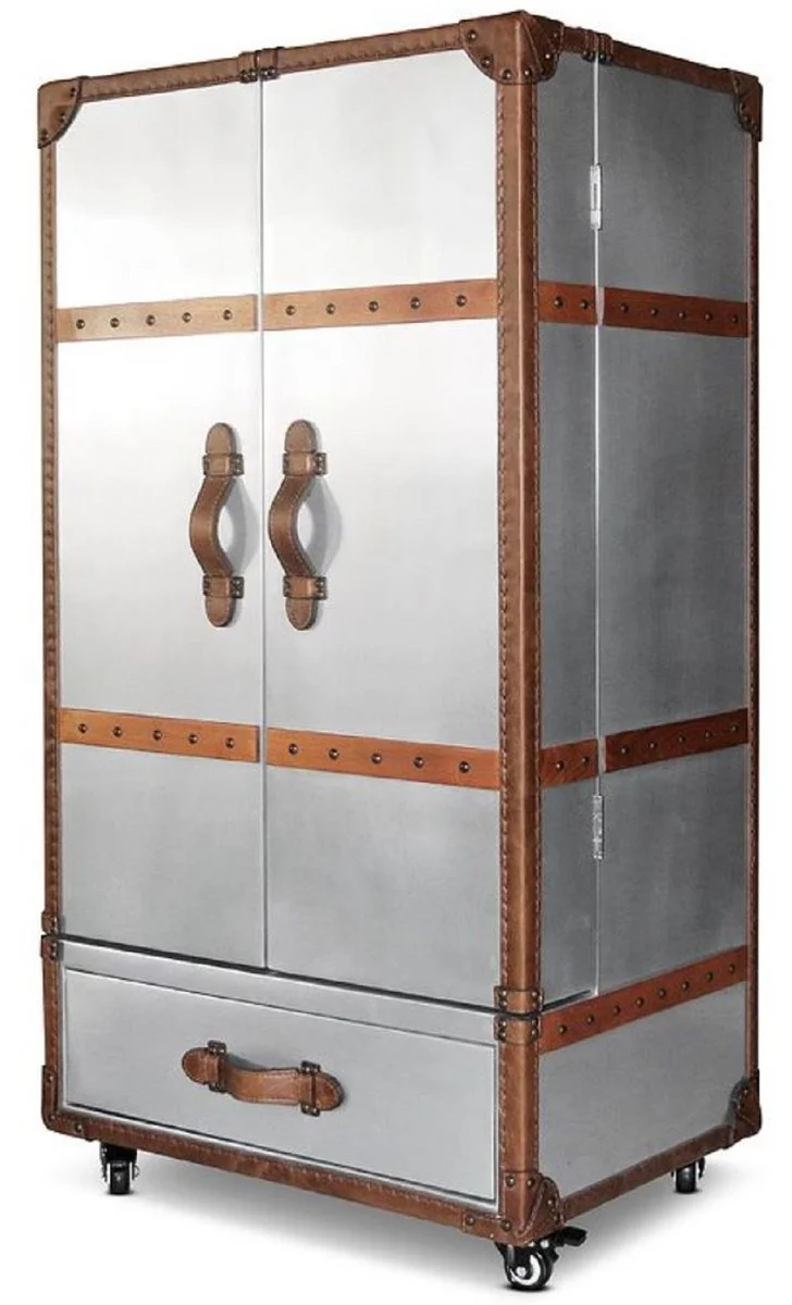 Luxury wine cabinet silver / brown 63 x 52 x H. 130 cm - aluminum suitcase cabinet with real leather - bar cabinet in suitcase design - luxury bar furniture