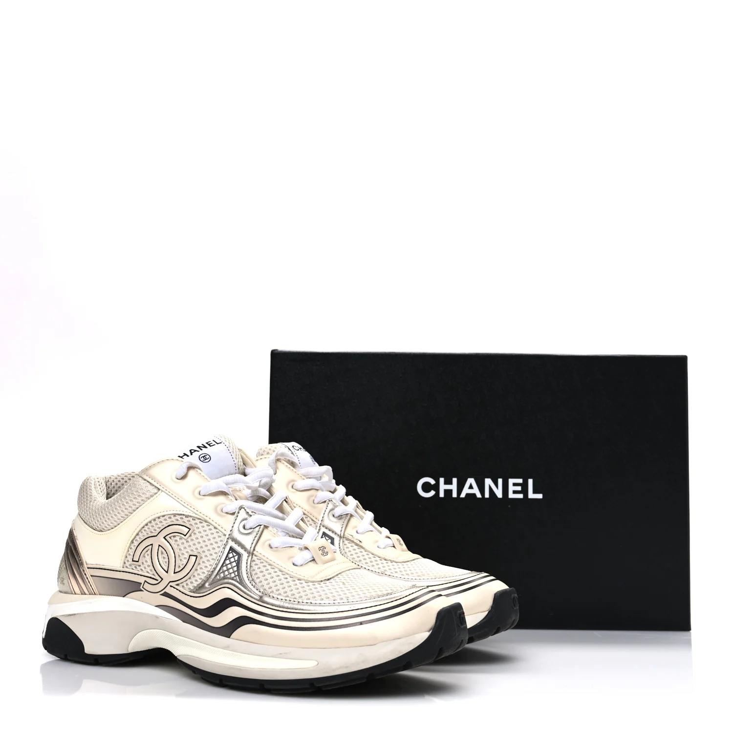 Fabric Laminated Calfskin Stretch CC Sneakers 41 Ivory White Silver - Top Club