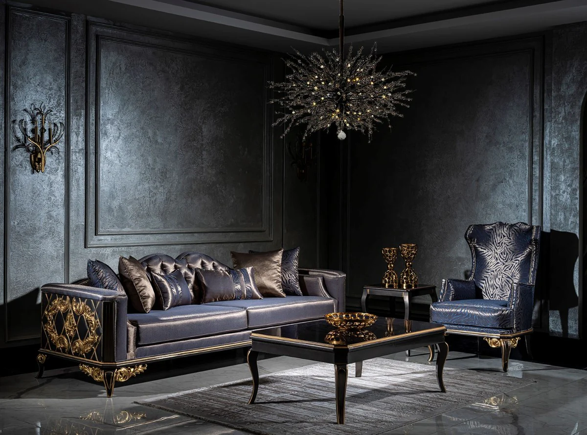 Luxury Baroque Living Room Set Blue / Black / Gold - 2 Sofas & 2 Armchairs & 1 Coffee Table - Living Room Furniture in Baroque Style - Noble & Magnificent