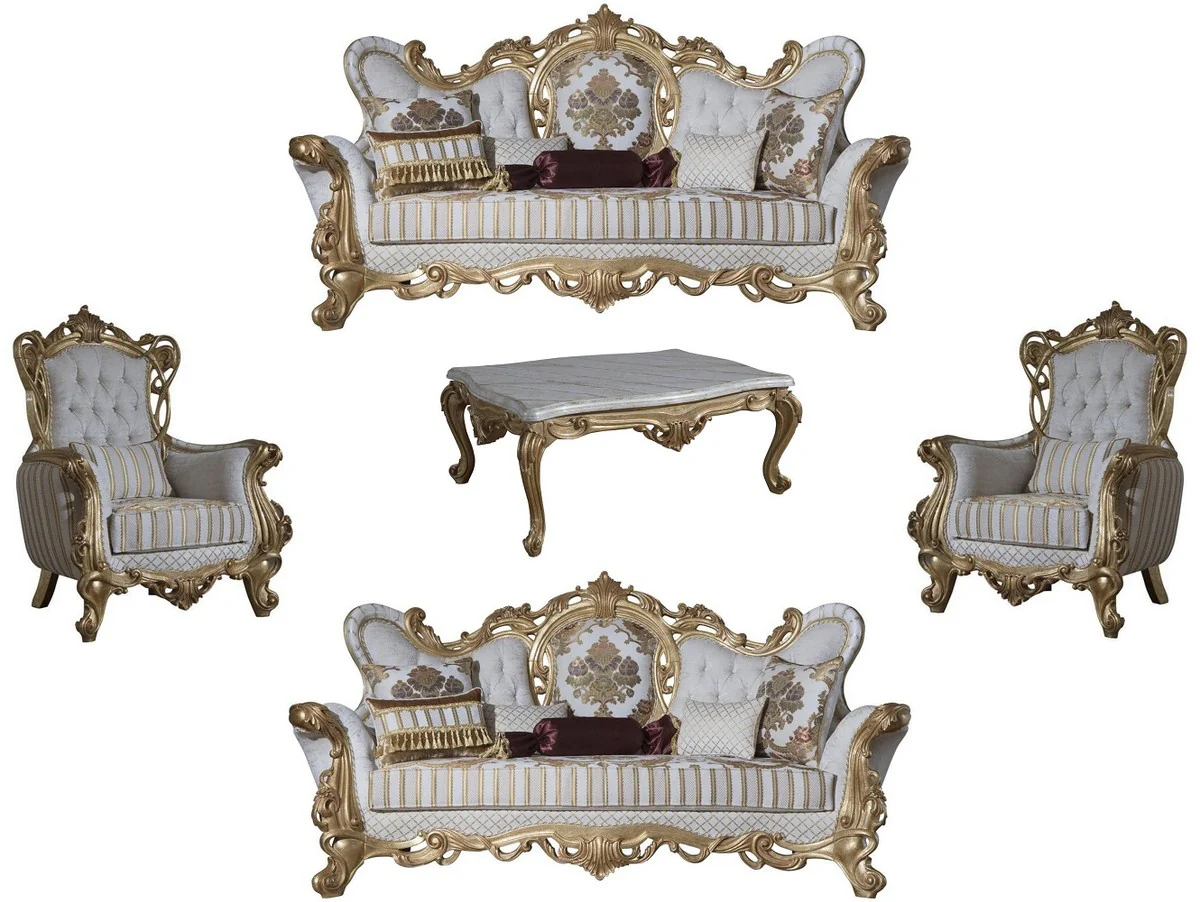 Luxury Baroque Living Room Set White / Gray / Gold - 2 Sofas & 2 Armchairs & 1 Coffee Table - Baroque Living Room Furniture - Noble & Magnificent