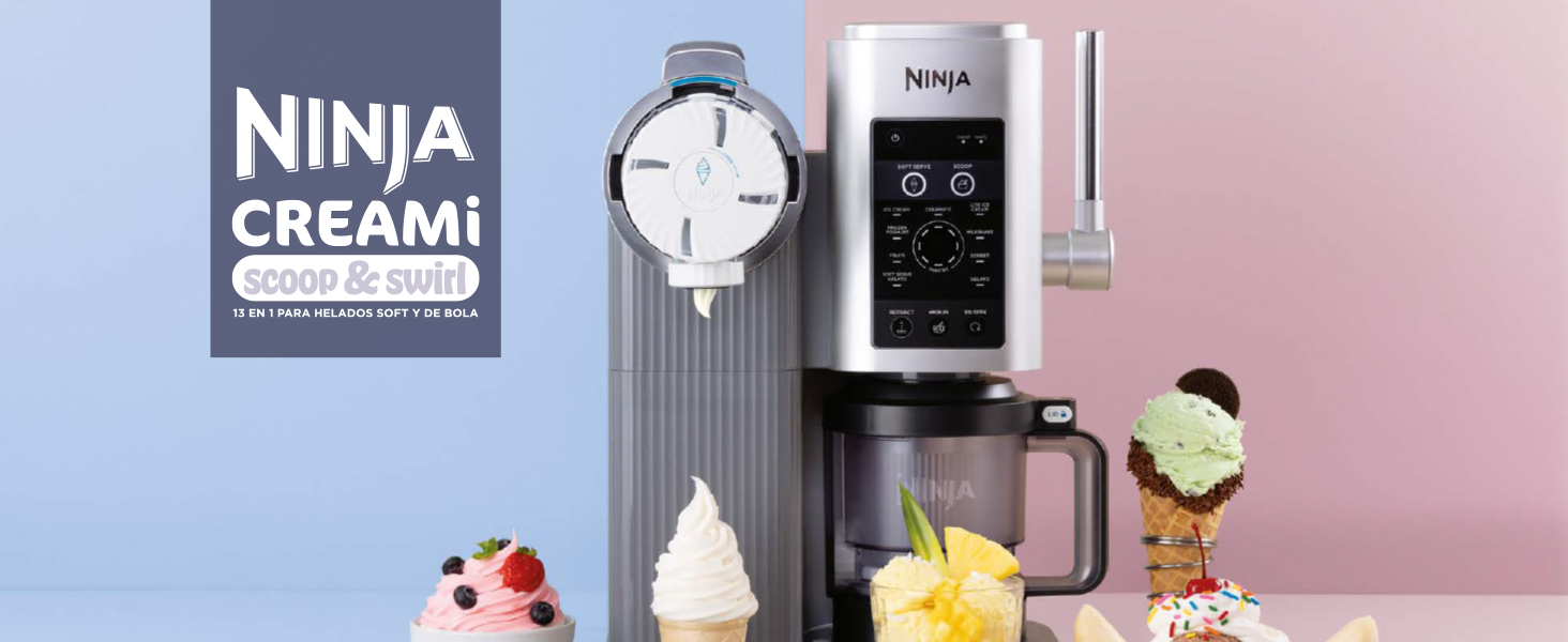 El texto dice «NINJA CREAMI». Expositor moderno para electrodomésticos de cocina con interfaz digital sobre fondo rosa y azul, con elementos decorativos con temática de helados.