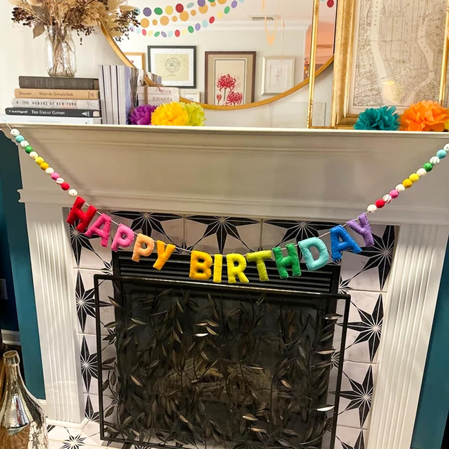 Pre-Strung Reusable Handmade Adjustable Distance Happy Birthday Felt Ball Banner Garland Rainbow Design for Kids Room Holiday