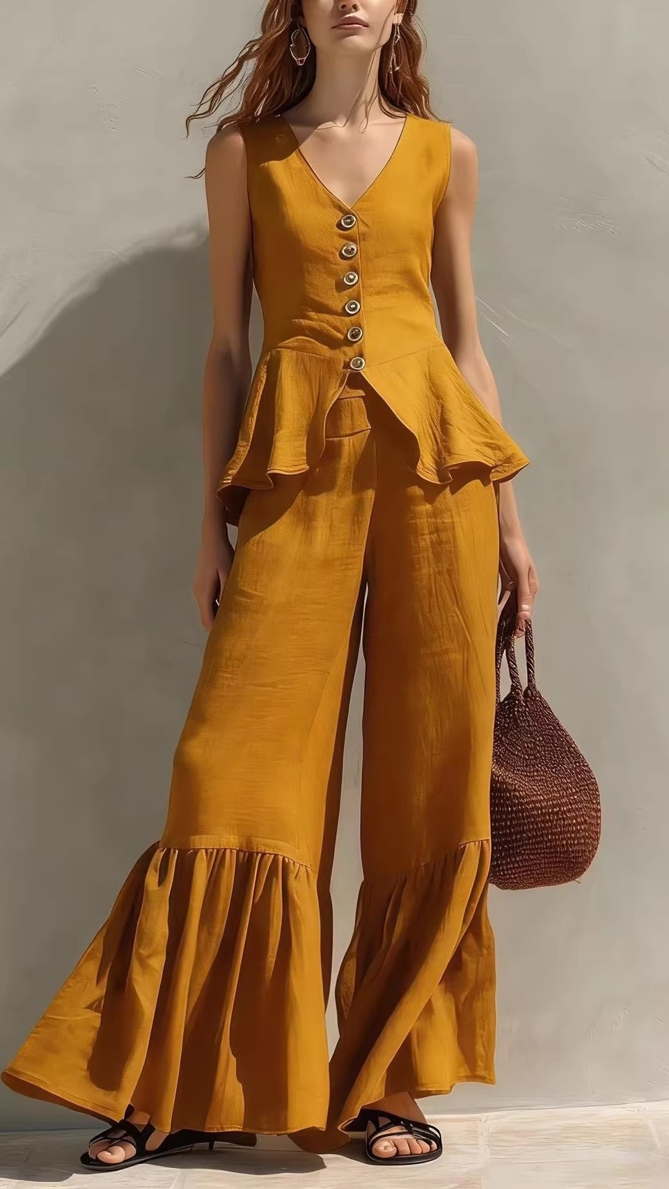 Women's V-Neck Button-Front Top & Linen Ruffled Wide-Leg Pants - Nordfashionstorm - Women's Clothing, Fashion for You - Nordfashionstorm.com
