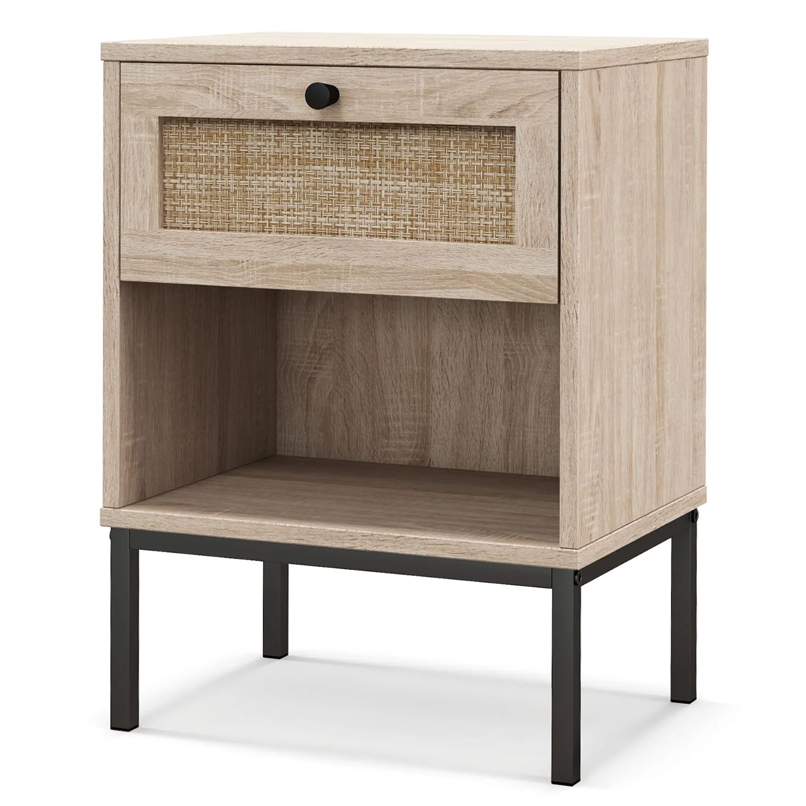 BEFOUNDLOVELY Rattan Nightstand with Drawer & Open Storage Shelf