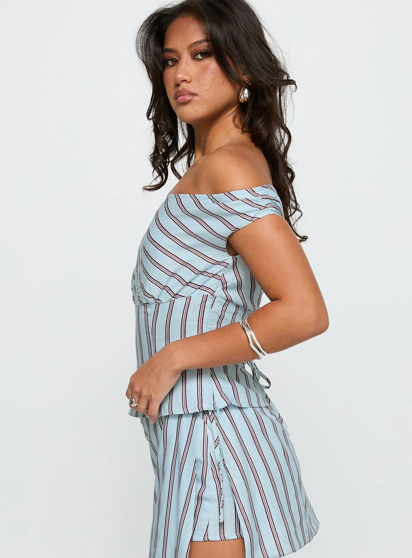 Del Rio Off The Shoulder Top Blue / Maroon