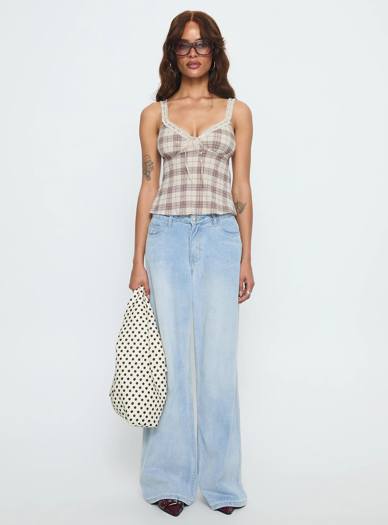 Pretty It Up Tie Detail Top Beige Check