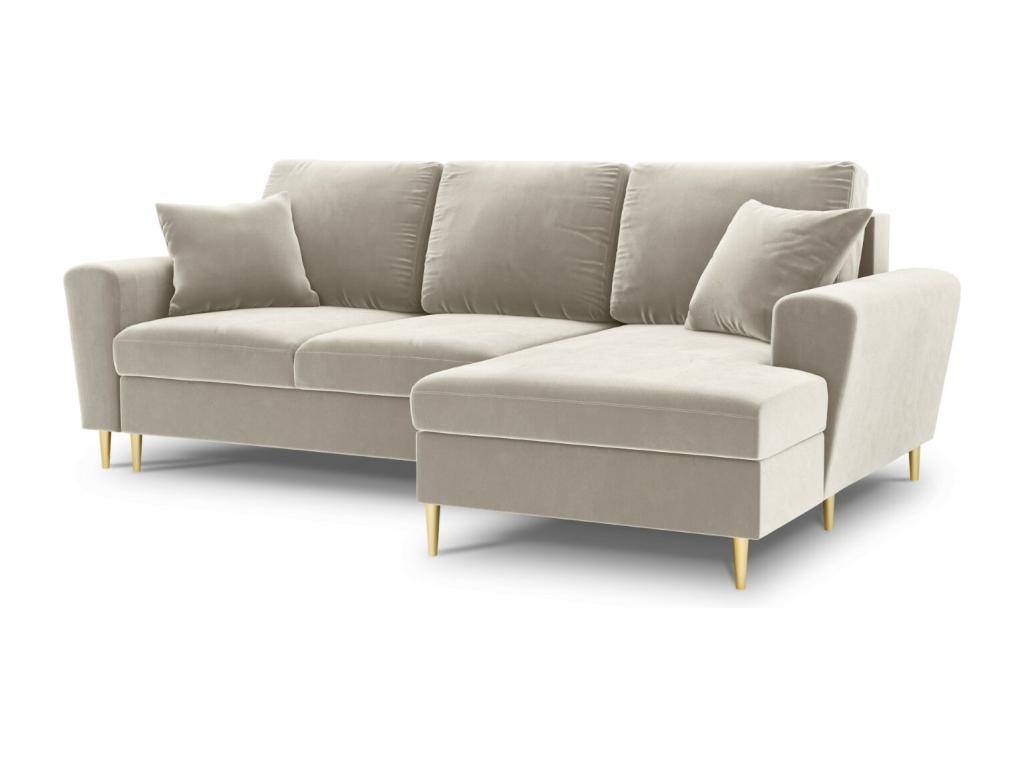 Casaplu - Sofá cama esquinero derecho con baúl de almacenaje "Kyoto" 4 plazas de terciopelo beige claro - 241x145x88cm