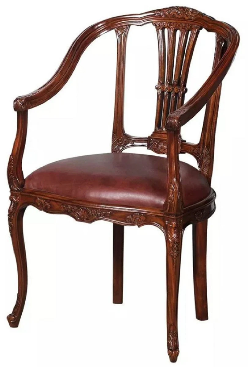 Luxury Baroque Leather Dining Room Chair Set of 6 with Armrests Brown - Magnificent Baroque Style Real Leather Kitchen Chairs - Luxury Baroque Dining Room Furniture - Noble & Magnificent