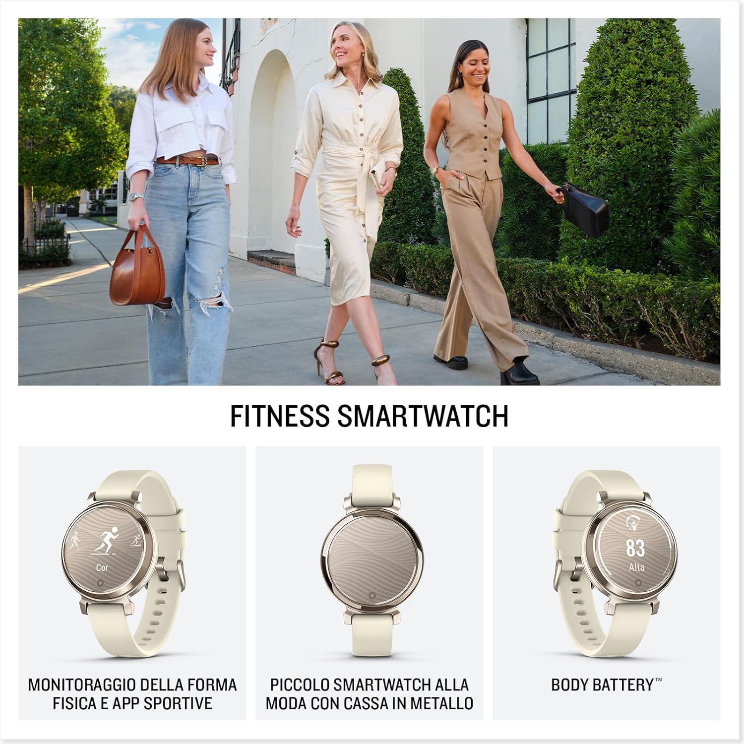 Lily 2, Smartwatch Elegante e Compatto, 35 mm, Cassa in Metallo, Lente Decorata, Touchscreen, GPS Connesso, Activity Tracker, Cardio, PulseOx, App Fitness e Sport, Cream Gold & Coconut