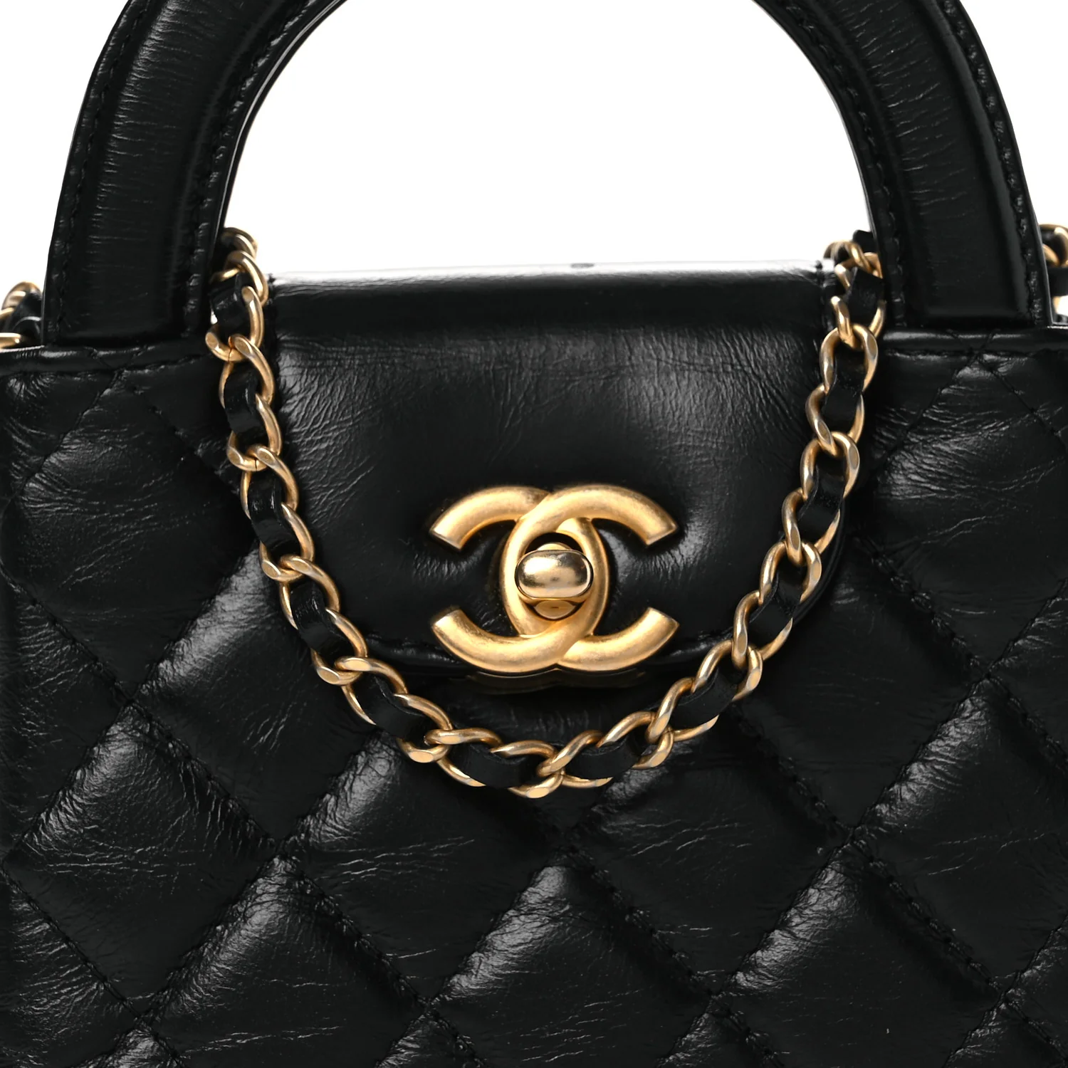 Shiny Aged Calfskin Quilted Mini Nano Kelly Shopper Black - Top Club