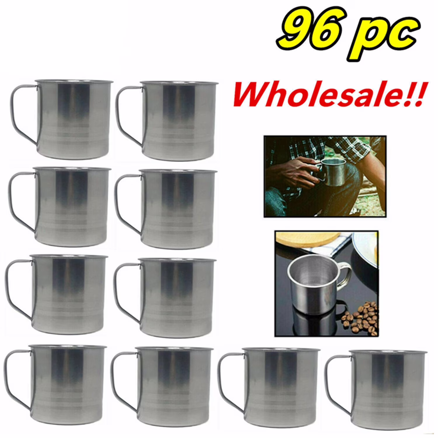 Wholesale Lot of 96 Pcs Stainless Steel Coffee Soup Mug, Tumbler for Camping, Mug, Cup (16oz)
