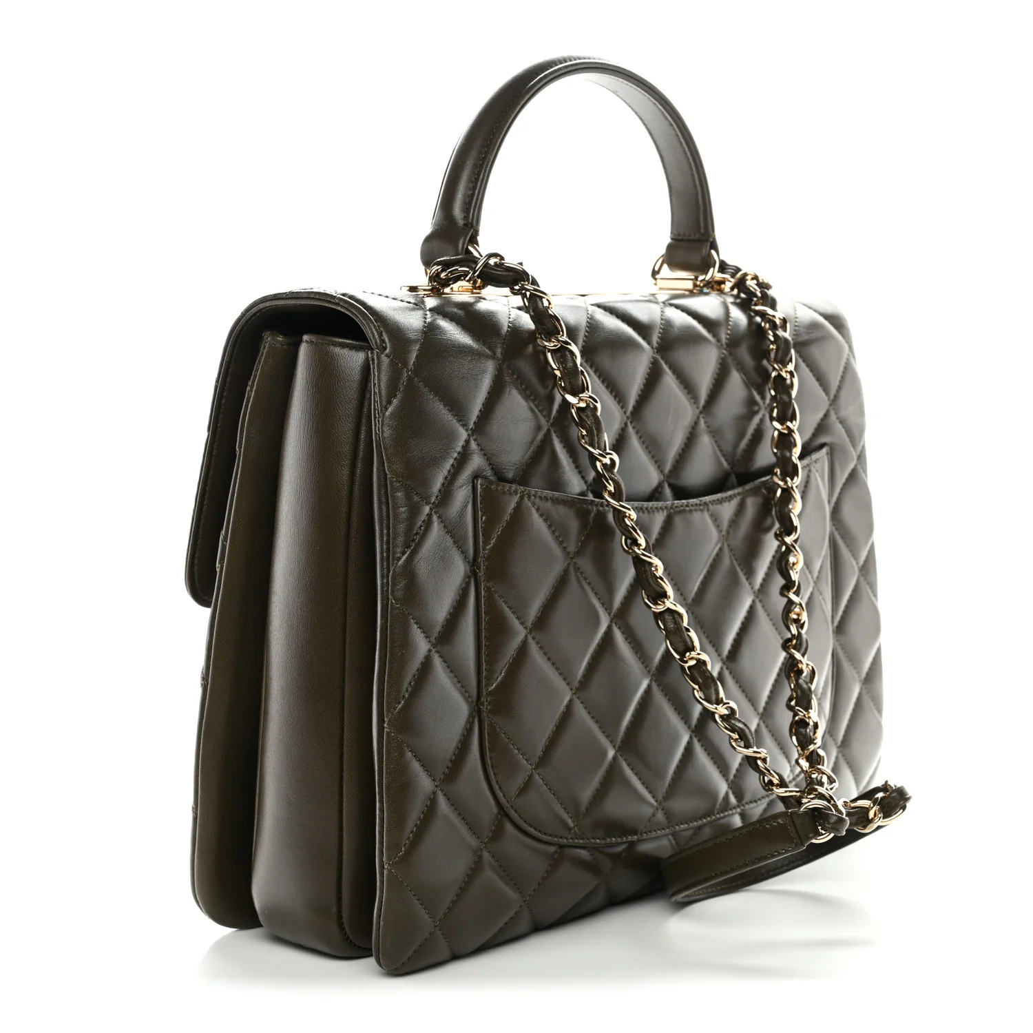 Lambskin Quilted Large Trendy CC Dual Handle Flap Bag Khaki - Top Club