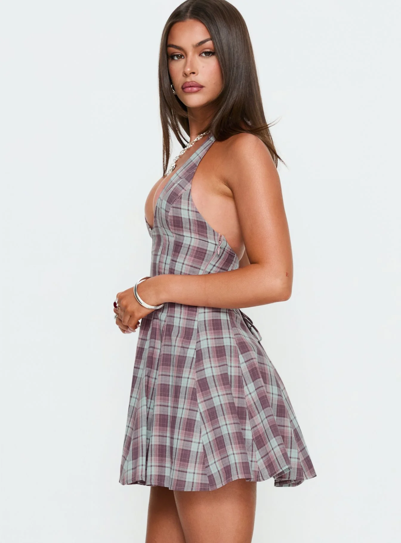 Out Of Nowhere Halter Mini Dress Burgundy / Pink Check