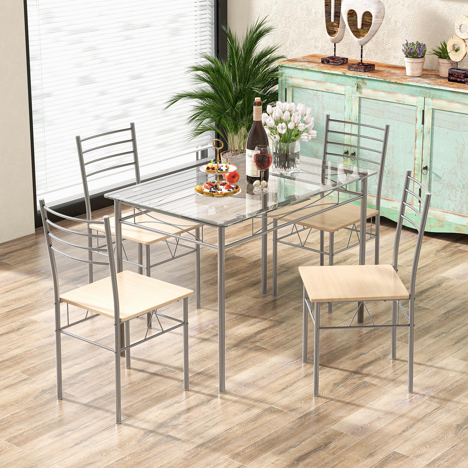 BEFOUNDLOVELY 5 Piece Dining Table Set, Kitchen Dining Set with Tempered Glass Table Top and 4 Chairs