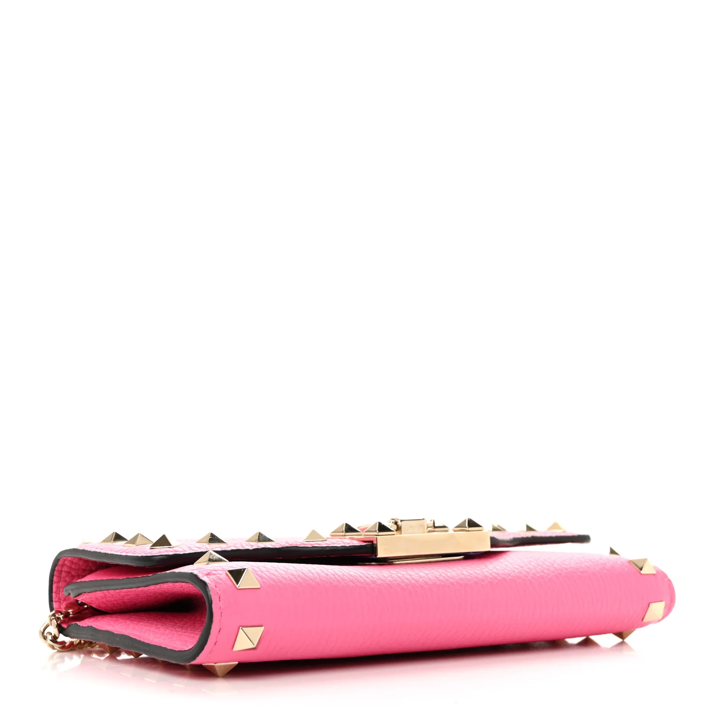 Pebbled Calfskin Rockstud Flip Lock Wallet On Chain Feminine Pink - Top Club