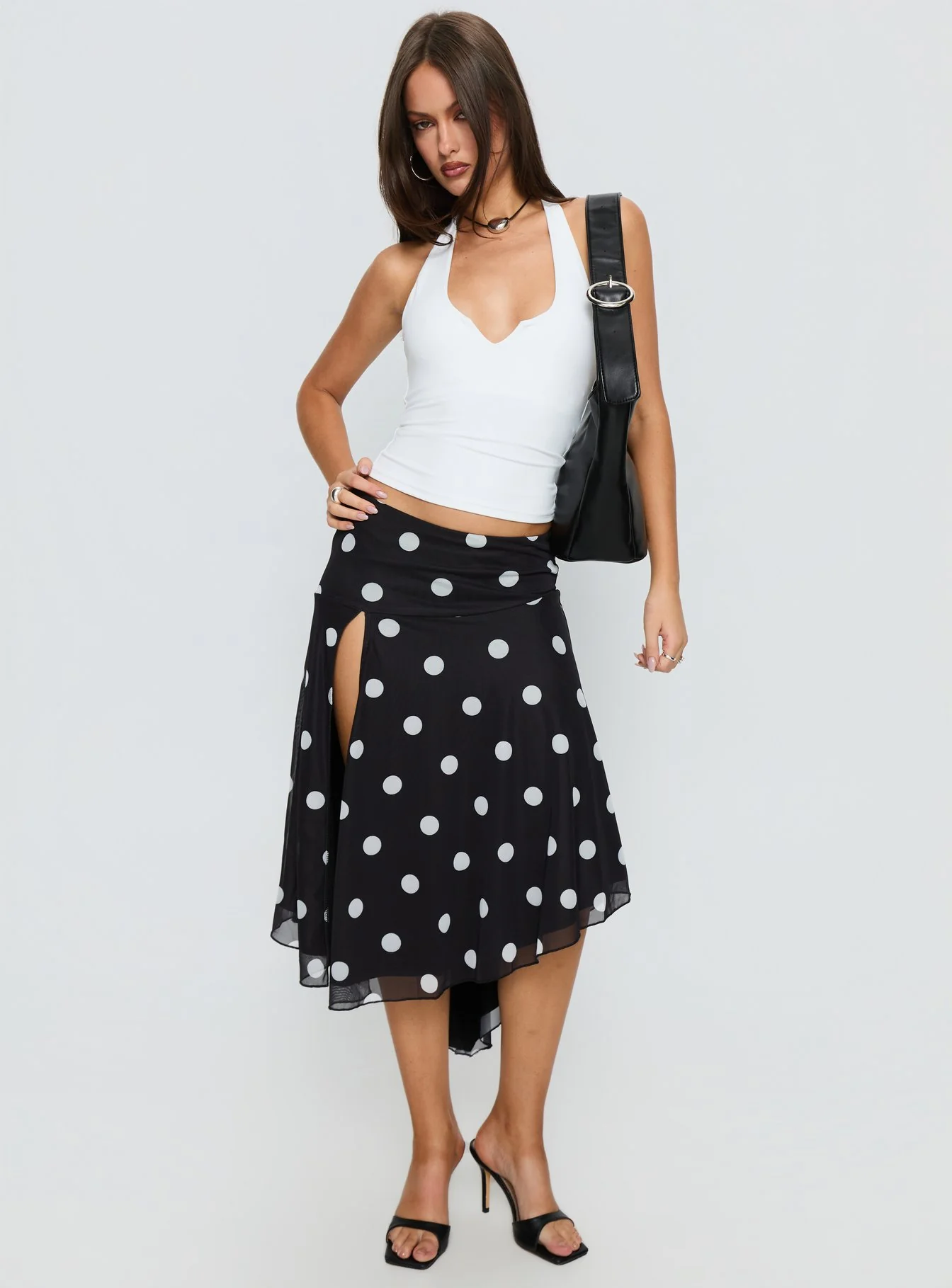 Dulciana High Split Asymmetrical Midi Skirt Black / Polka Dot