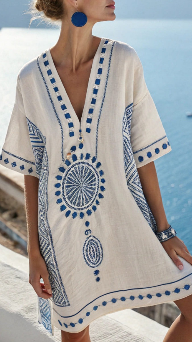 Women's V-Neck Dress – Beach Vacation Style, Printed, Loose-Fit Midi Dress - Nordfashionstorm - Women's Clothing, Fashion for You - Nordfashionstorm.com