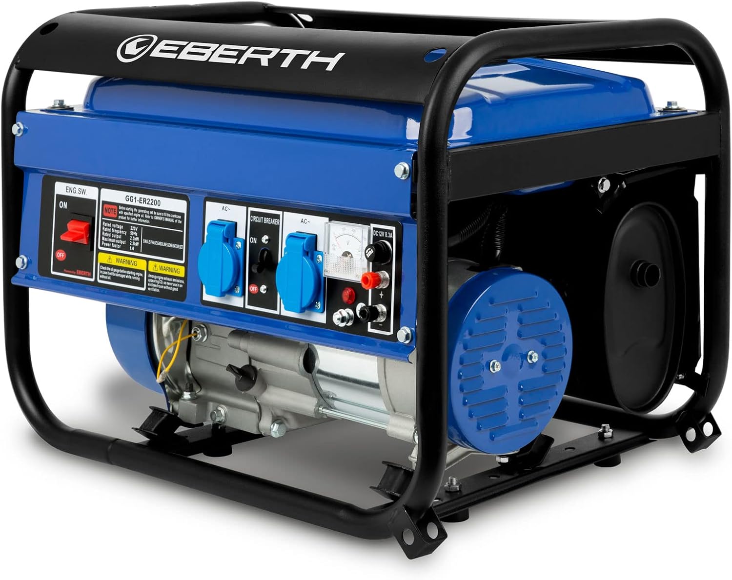 EBERTH 2200 Watt Generatore di corrente portatile Gruppo elettrogeno 5,5 CV Motore a benzina 4T, Monofase 2x 230V, 1x 12V, Regolatore di volt automatico AVR, Protezione da mancanza olio, Voltametro