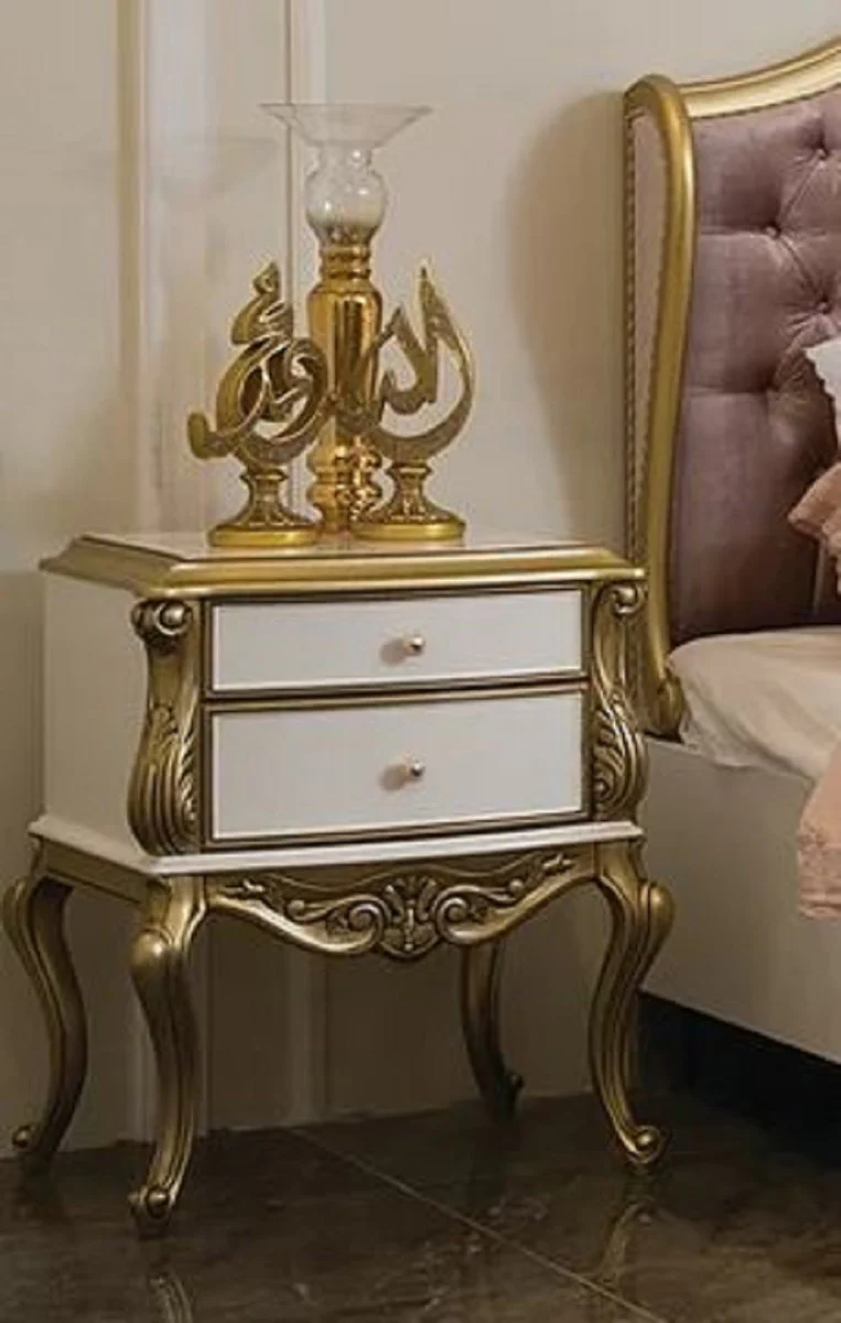 Luxury Baroque Nightstand White / Gold - Handcrafted Solid Wood Bedside Table with 2 Drawers - Baroque Bedroom Furniture