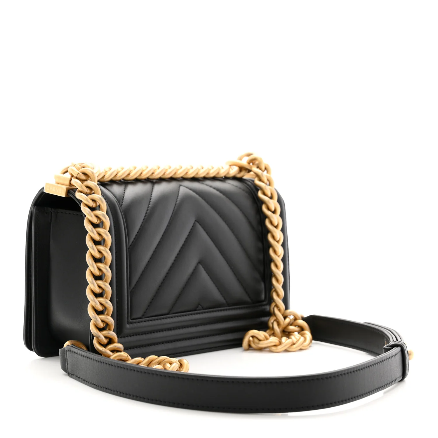Calfskin Chevron Quilted Small Boy Flap Black - Top Club