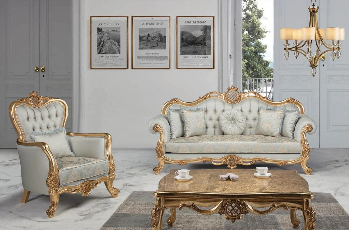 Luxury baroque living room set light blue / turquoise / gold - 2 sofas & 2 armchairs & 1 coffee table - living room furniture in baroque style - noble & magnificent