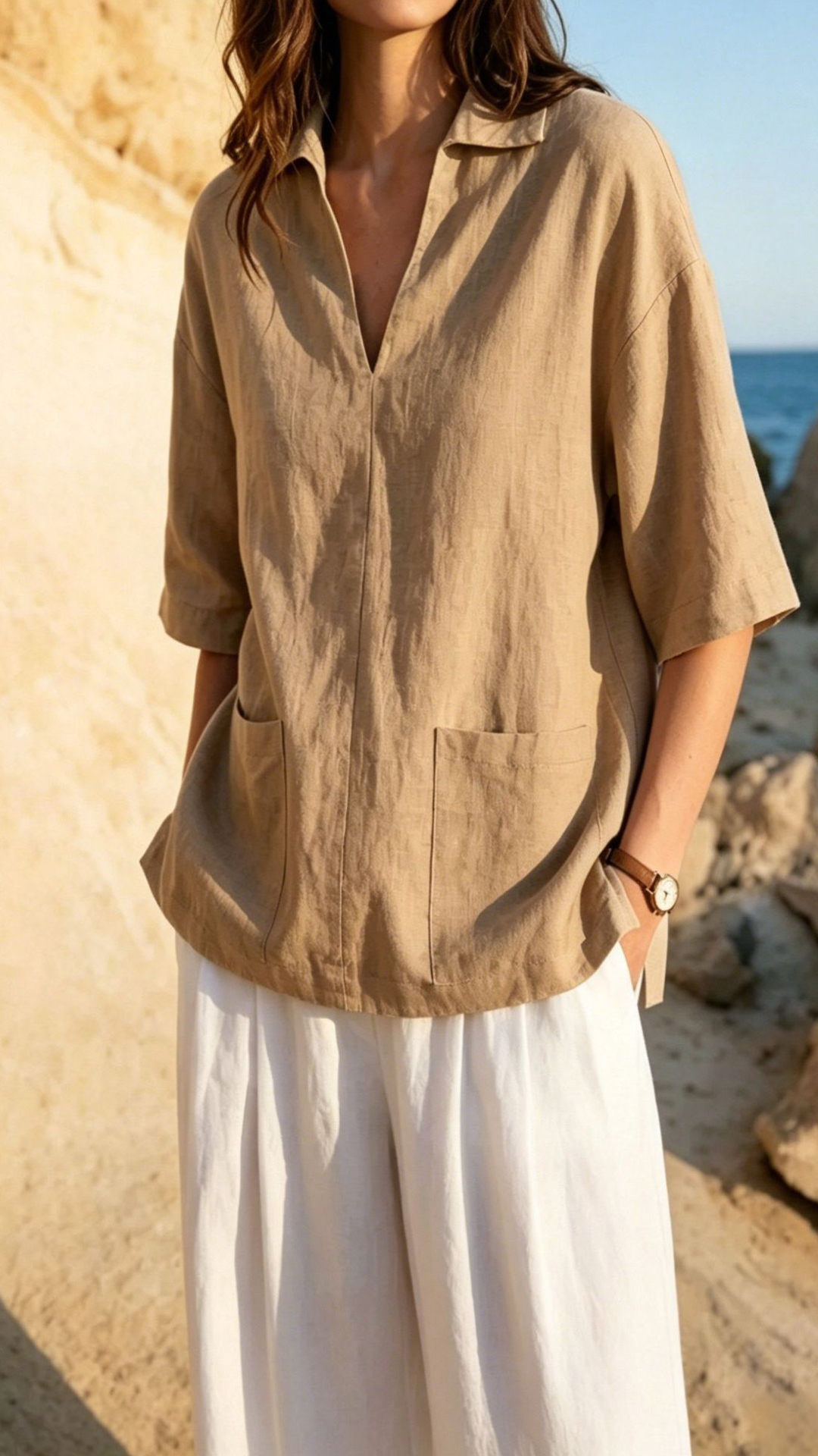 Women's Khaki Collared Mid-sleeve Cotton-blend Blouse - Nordfashionstorm - Women's Clothing, Fashion for You - Nordfashionstorm.com
