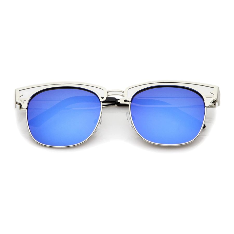 Modern Open Metal Colored Mirror Square Flat Lens Horn Rimmed Sunglasses 53mm