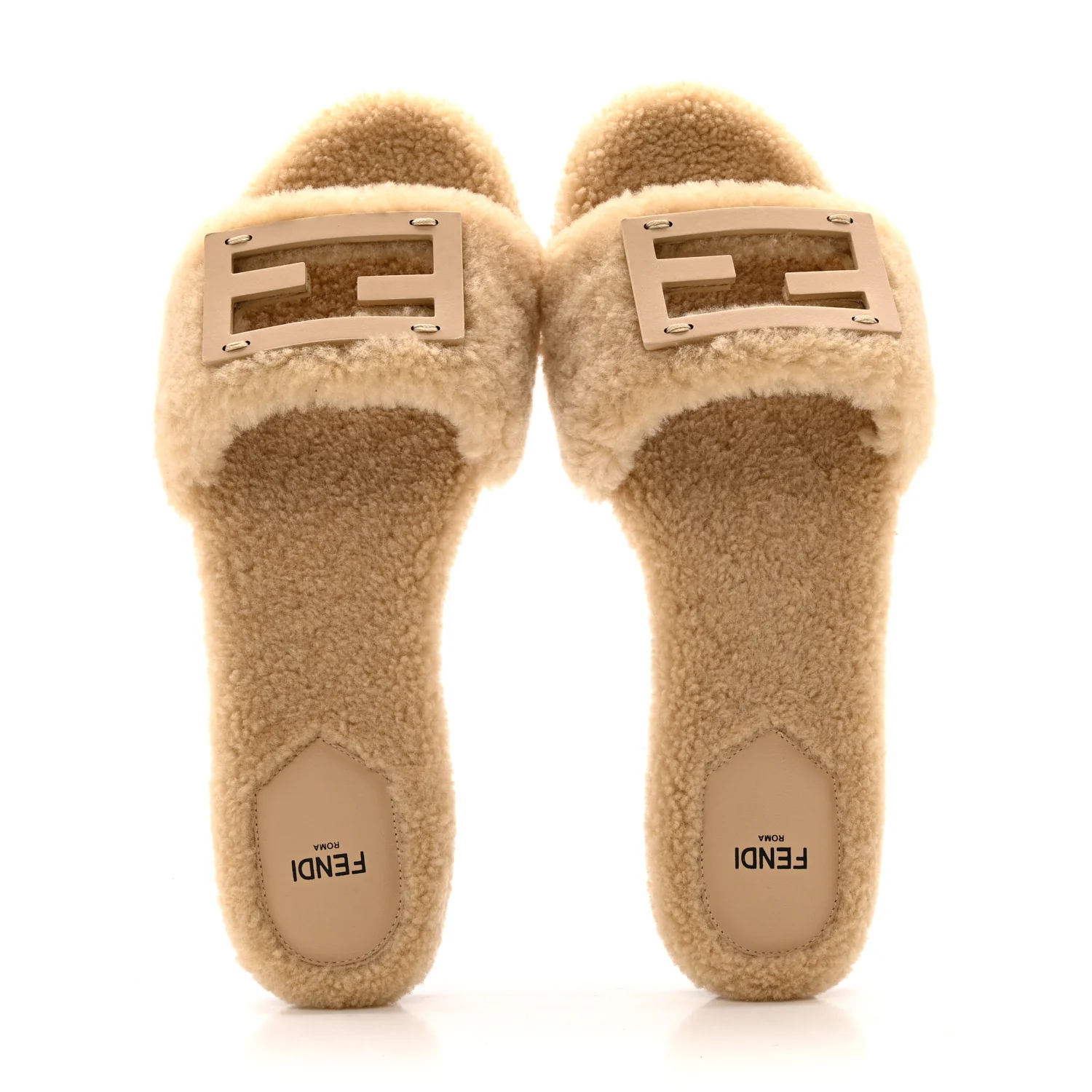 Shearling FF Baguette Slide Sandals 40 Beige Naturale