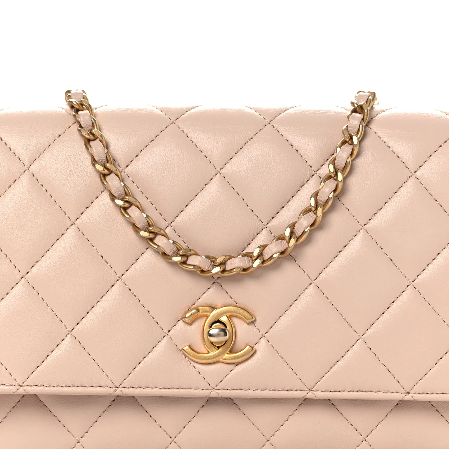 Lambskin Quilted CC Pearl Crush Wallet on Chain WOC Light Pink - Top Club