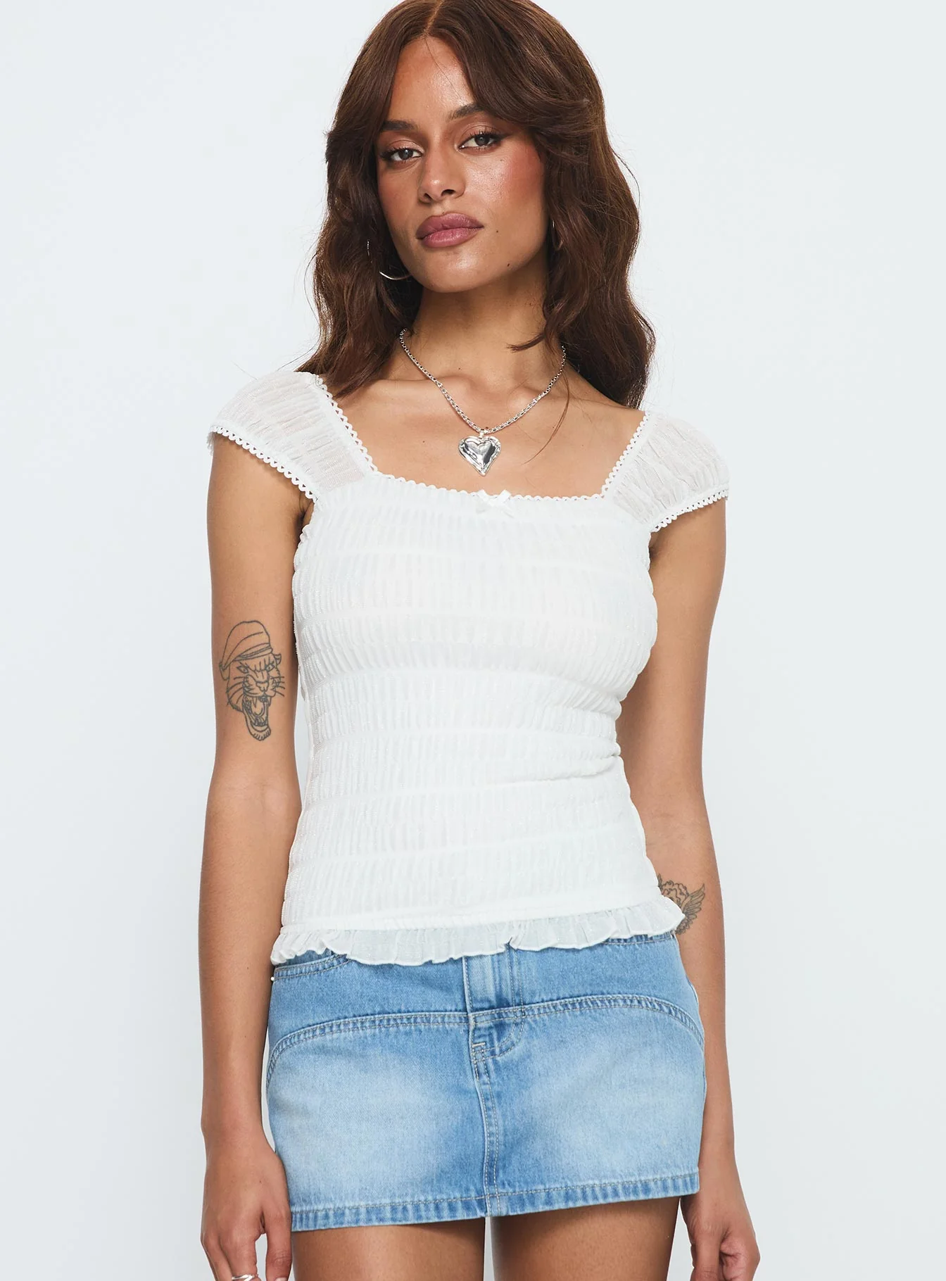 Honeymooner Cap Sleeve Frill Top White