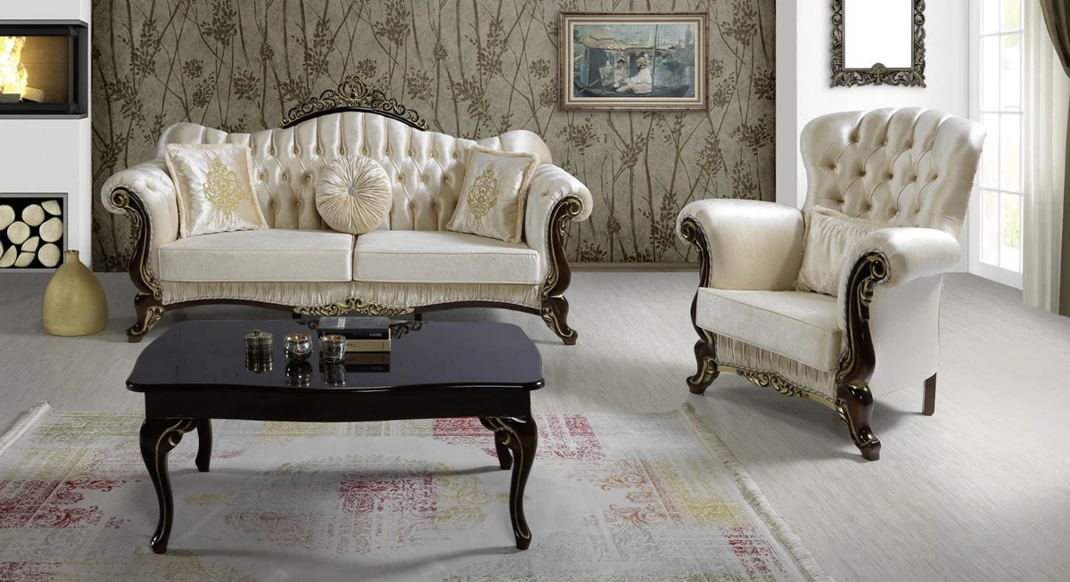 Baroque living room set champagne colors / black / gold - 2 sofas & 2 armchairs & 1 coffee table - living room furniture - noble & magnificent