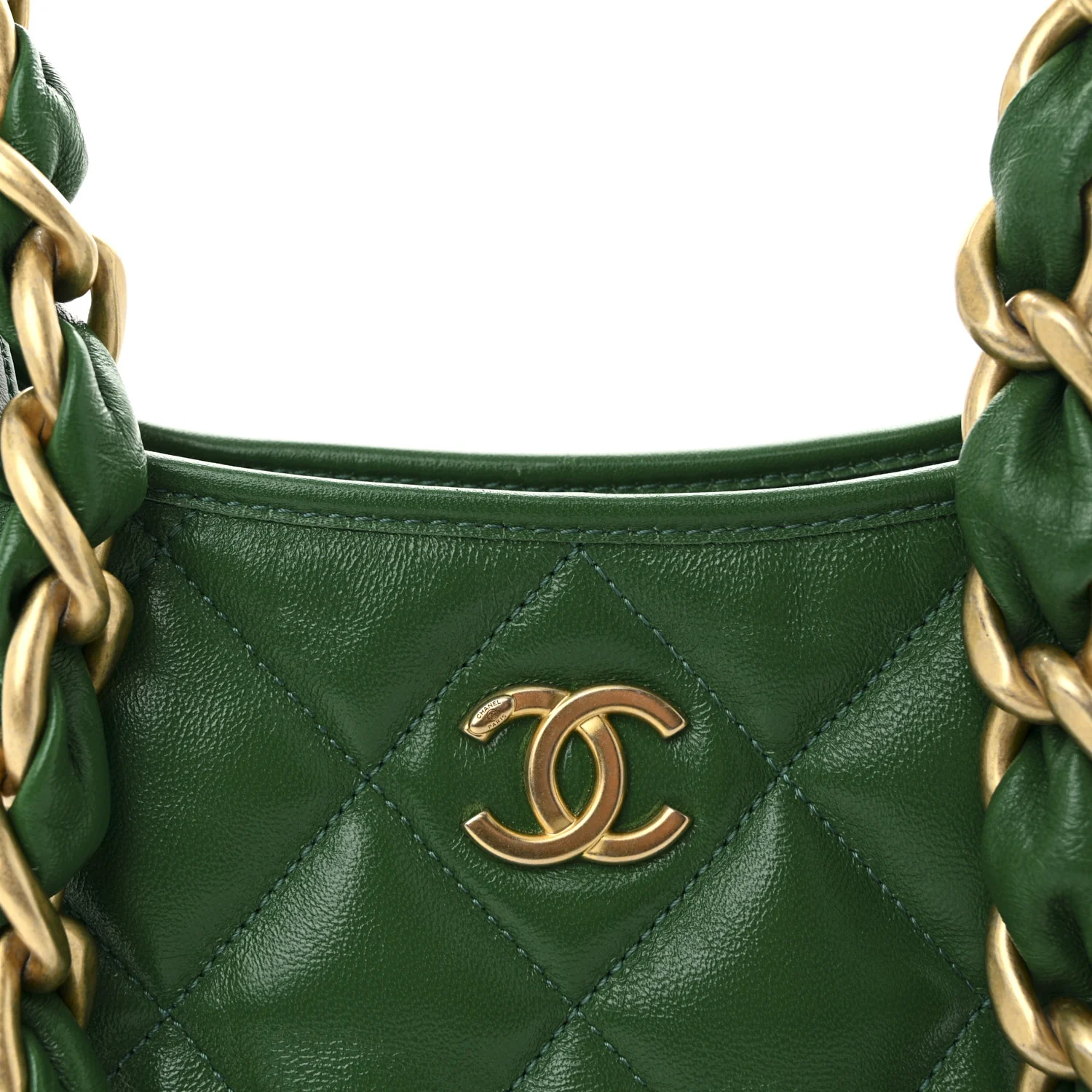 Shiny Crumpled Lambskin Quilted Small CC Funky Town Hobo Green - Top Club