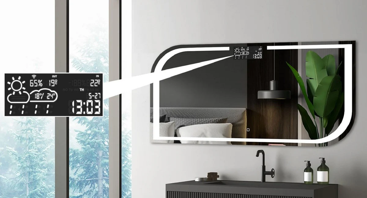 Luxury bathroom mirror 120 x 2.5 x H. 60 cm - wall mirror with LED lighting and integrated weather station - luxury bathroom furniture